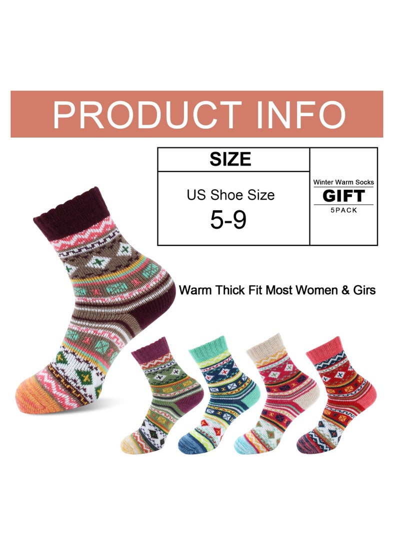 Cozy Wool Socks for Women, 5 Pairs of Thick Winter Crew Knit Socks, Suitable for Nordic Cabin Gifts, Soft & Warm for Cold Days