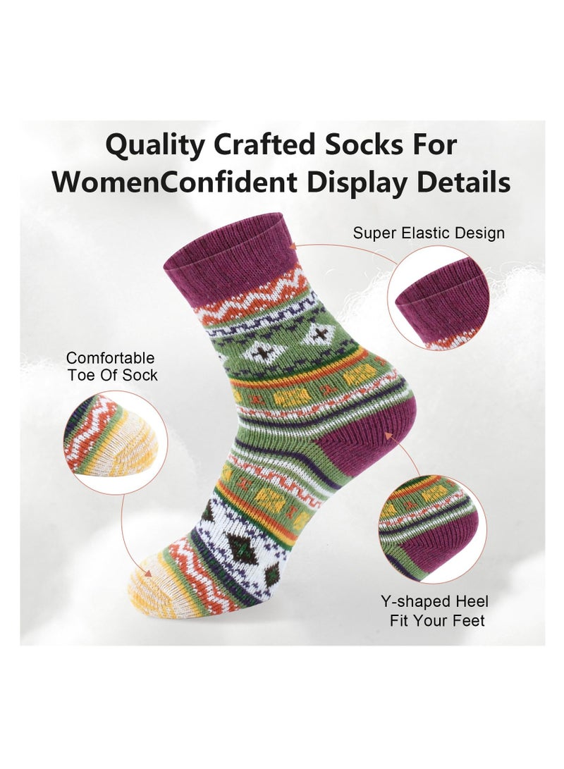 Cozy Wool Socks for Women, 5 Pairs of Thick Winter Crew Knit Socks, Suitable for Nordic Cabin Gifts, Soft & Warm for Cold Days