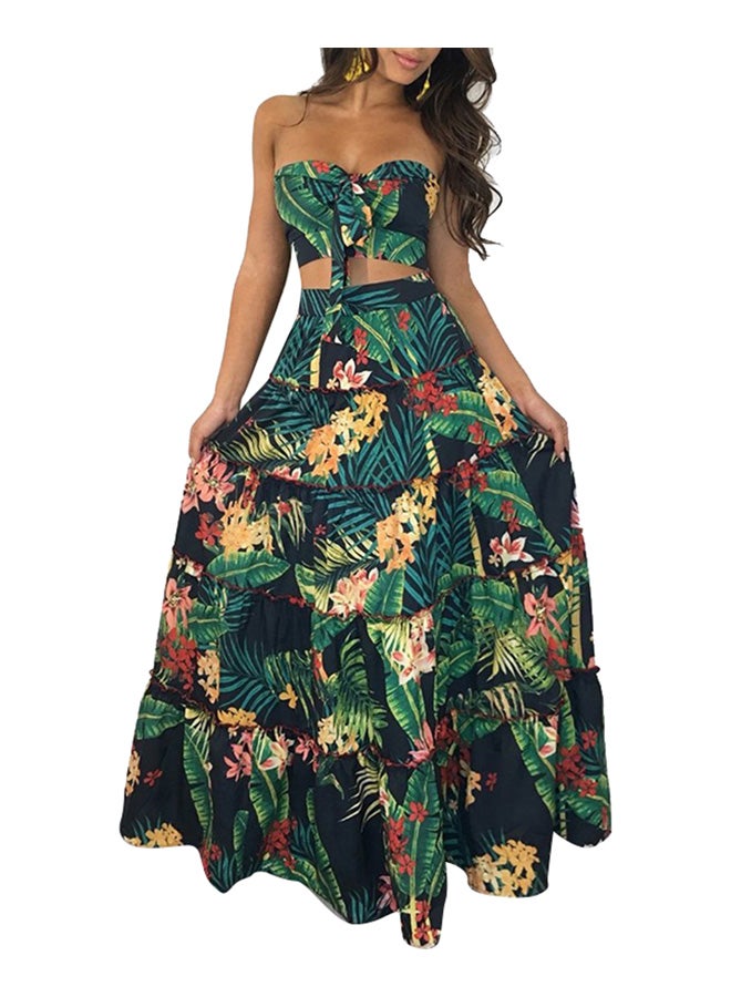 Floral Print Bandeau Strapless Crop Top With Skirt Set Multicolour