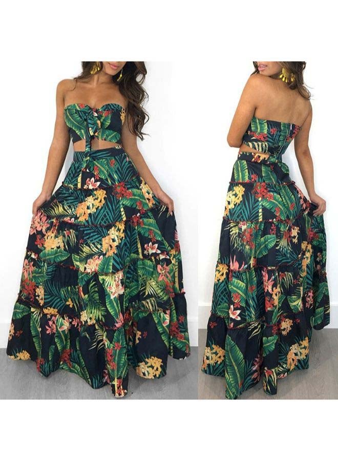 Floral Print Bandeau Strapless Crop Top With Skirt Set Multicolour