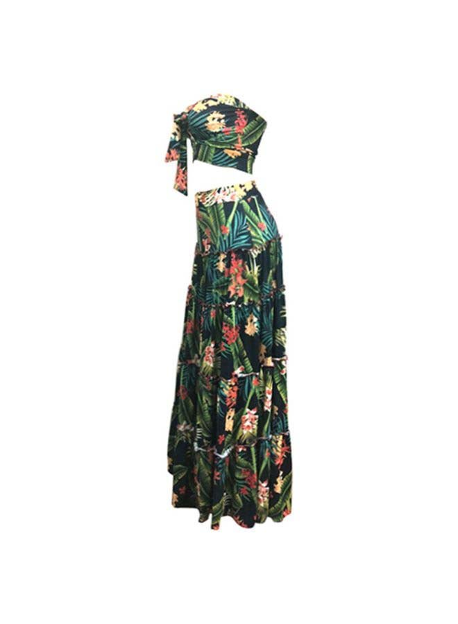 Floral Print Bandeau Strapless Crop Top With Skirt Set Multicolour