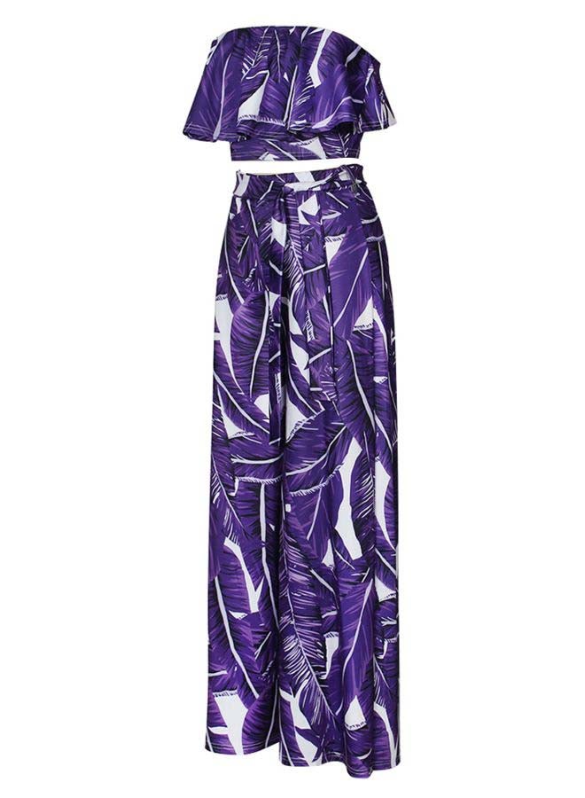 Leaves Print Bandeau Strapless Crop Top With Pants Set Purple/White