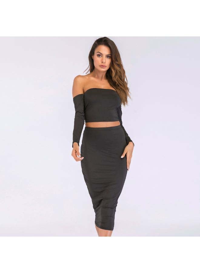 Lace Up Backless Crop Top With Pencil Skirt Set Black