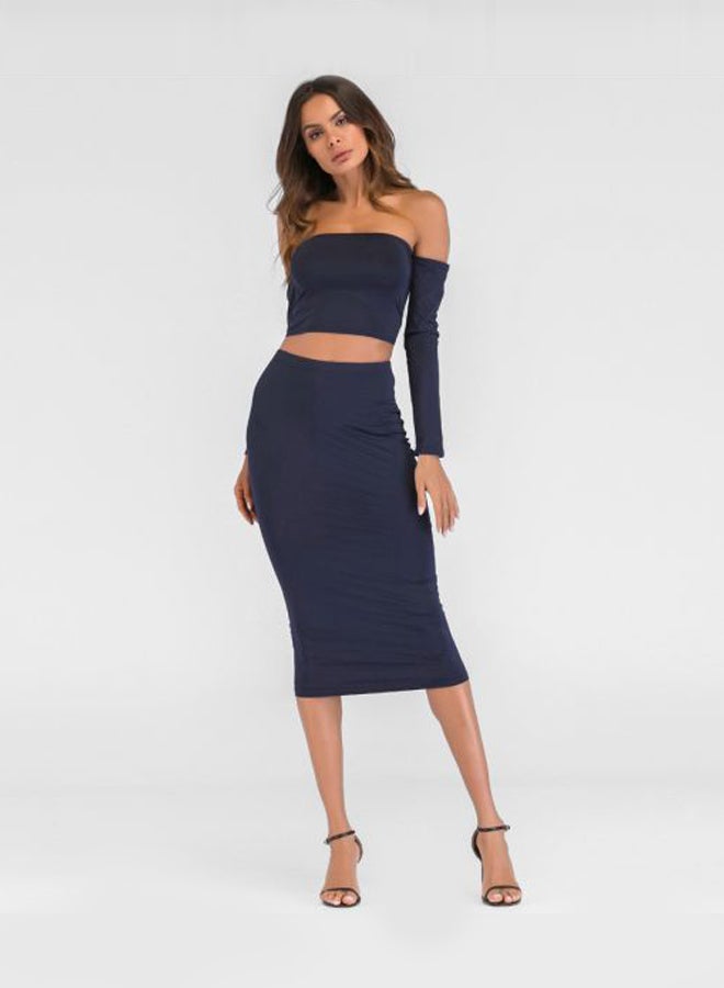 Lace Up Backless Crop Top With Pencil Skirt Set Dark Blue