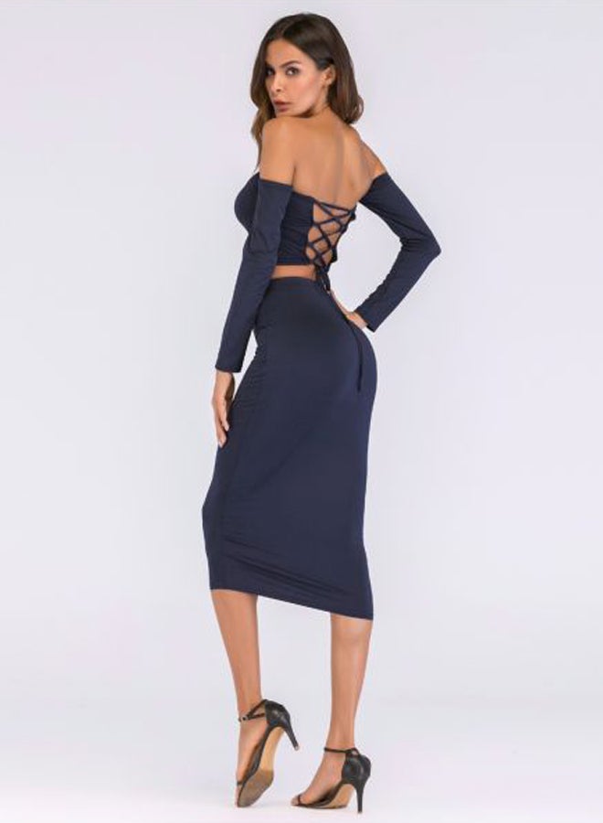 Lace Up Backless Crop Top With Pencil Skirt Set Dark Blue