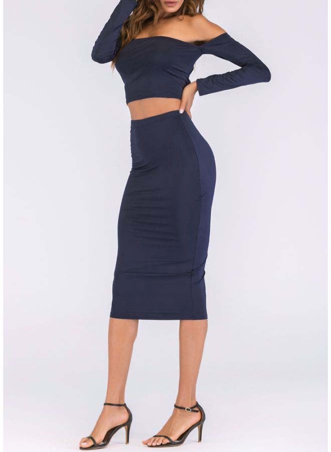 Lace Up Backless Crop Top With Pencil Skirt Set Dark Blue