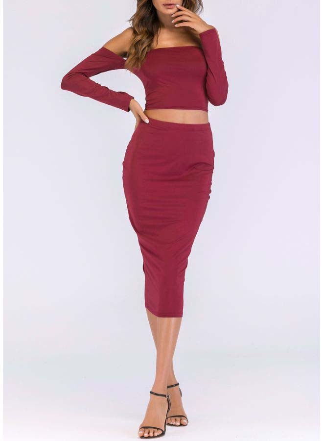 Lace Up Backless Crop Top With Pencil Skirt Set Red