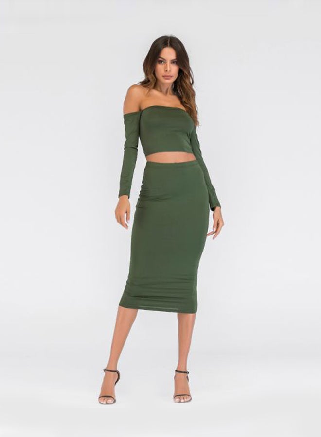 Lace Up Backless Crop Top With Pencil Skirt Set Green