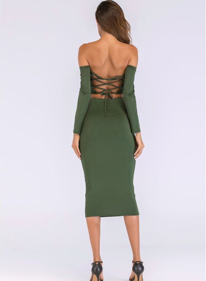 Lace Up Backless Crop Top With Pencil Skirt Set Green