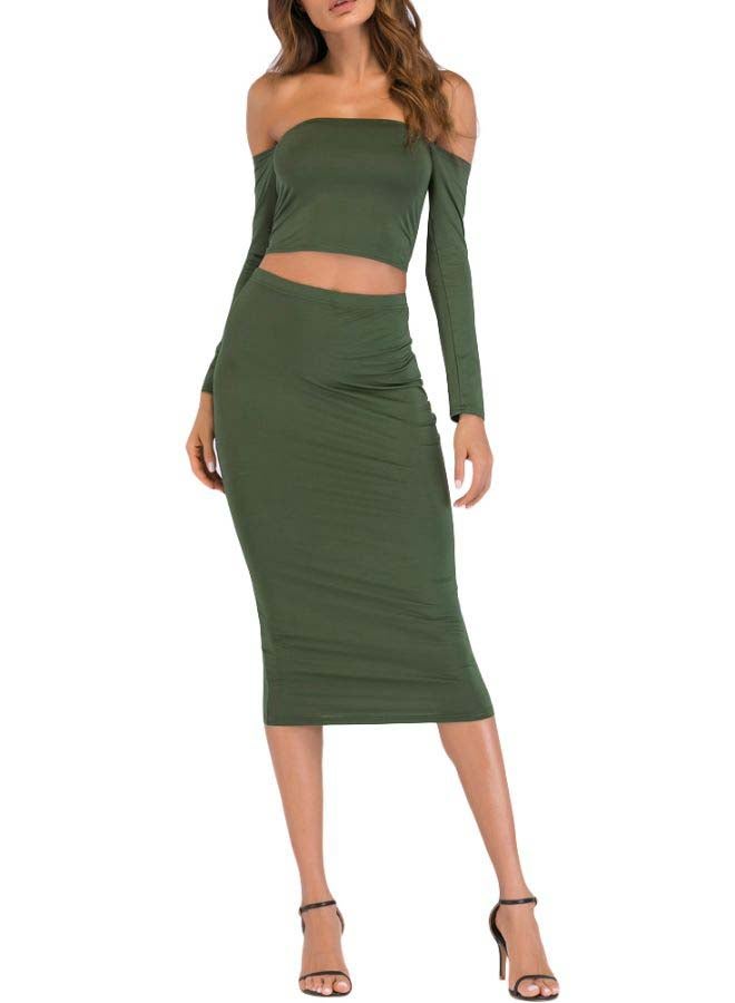 Lace Up Backless Crop Top With Pencil Skirt Set Green