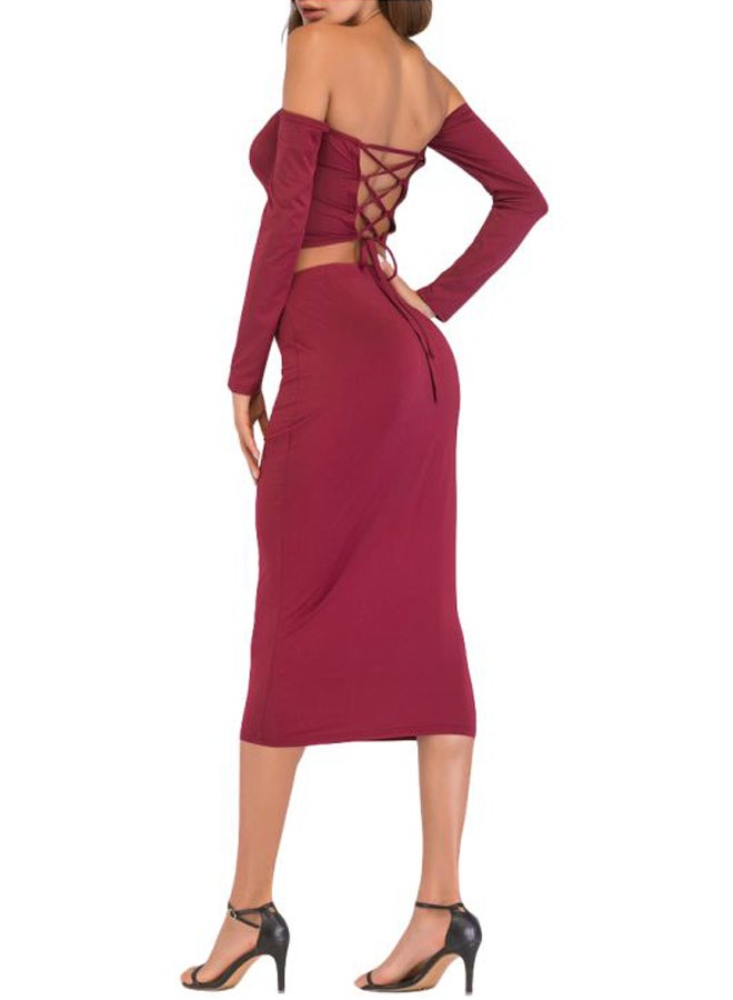 Lace Up Backless Crop Top With Pencil Skirt Set Red