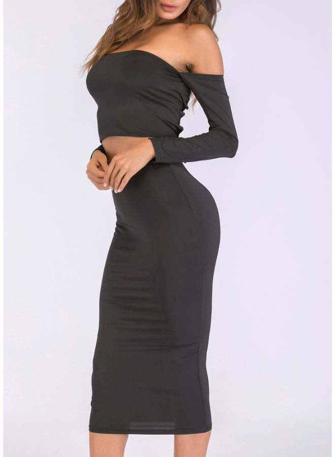 Lace Up Backless Crop Top With Pencil Skirt Set Black