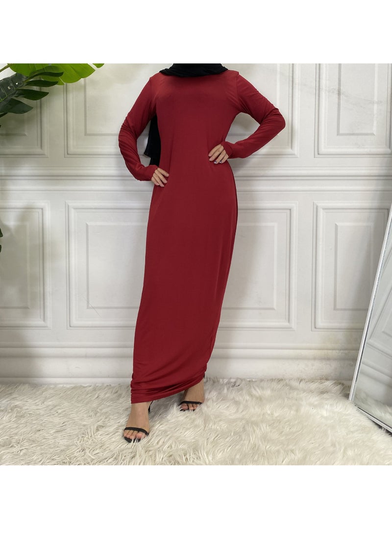 Mock Neck Casual Abaya, Soft Breathable Long Sleeve Women Abaya Dress, Long Lasting Comfortable Normal Muslim Women Islamic Dress for Prayer, Daily Wear, Occasion Wear, ( Size XL, Maroon Red)