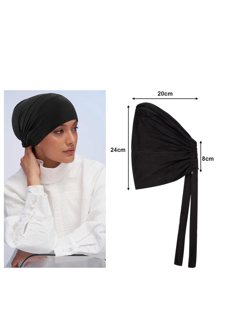 4 Pcs Women Hijab Undercap, Islamic Muslim Under Cap Inner Scarf Hat with Tie Back Closure Solid Color Underscarf Turban Head Wraps for Chemo Sleep