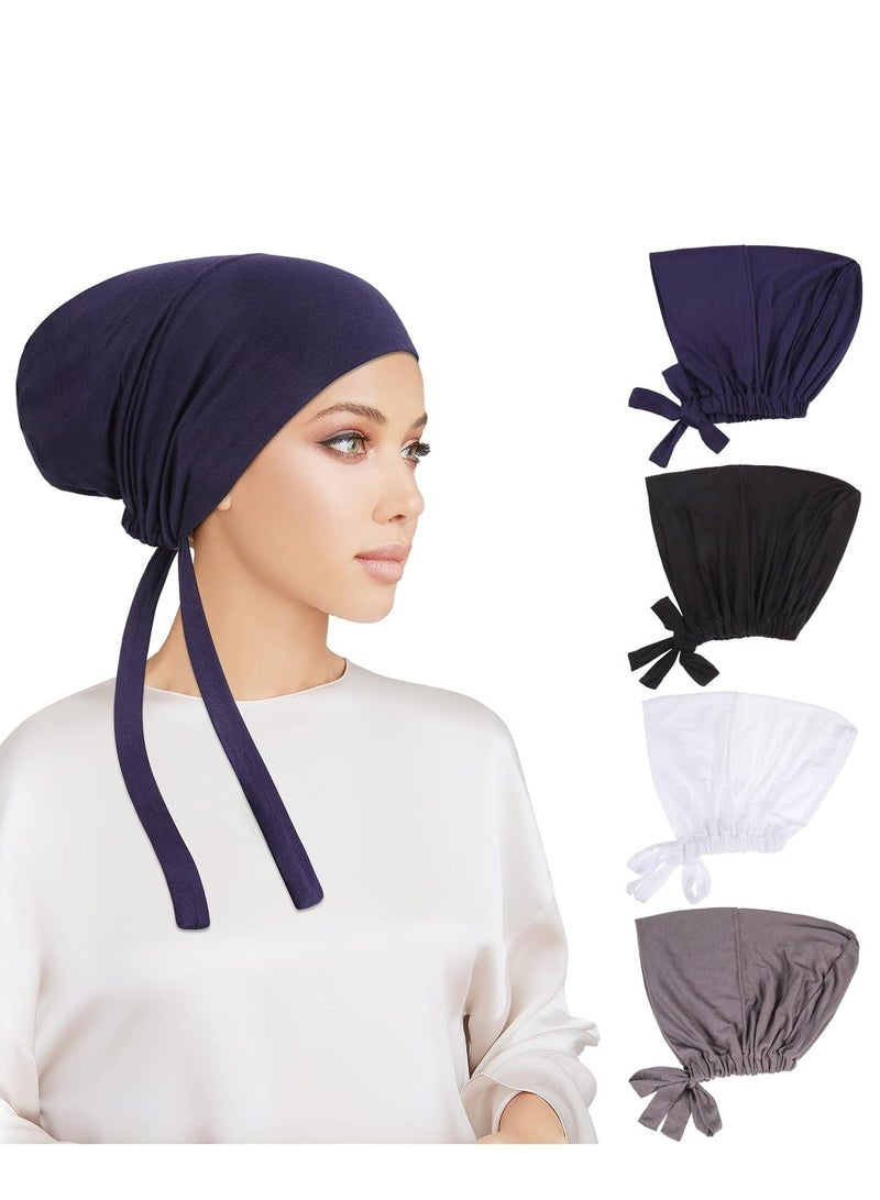 4 Pcs Women Hijab Undercap, Islamic Muslim Under Cap Inner Scarf Hat with Tie Back Closure Solid Color Underscarf Turban Head Wraps for Chemo Sleep