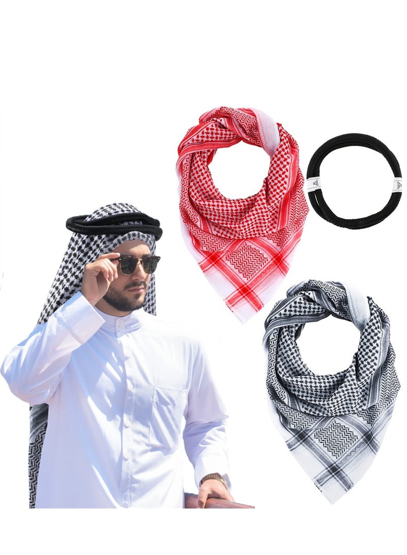 Arab Keffiyeh Shemagh Turban, Arabian Costume Muslim Headscarf with Aqel Rope, Middle Eastern Desert Arabian Shawl Palestine Traditional Arabia Headscarf for Men, 2 Patterns