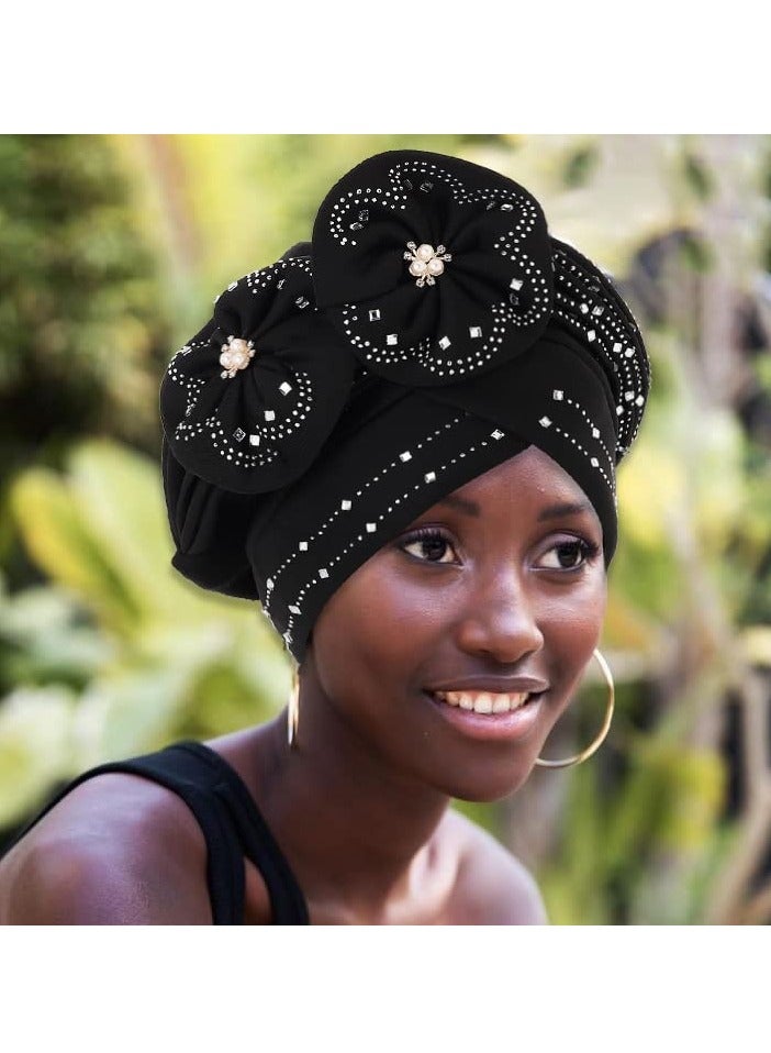 African Flower Turban Headwrap, Stretch Pleated Cap, Pre,Tied Velvet Twist Headscarf, Ruffle Bonnet for Women and Girls in Black