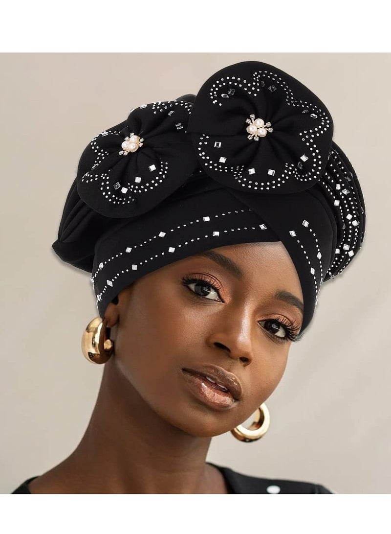 African Flower Turban Headwrap, Stretch Pleated Cap, Pre,Tied Velvet Twist Headscarf, Ruffle Bonnet for Women and Girls in Black