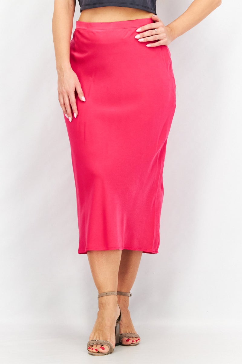 Women  Silky Casual Midi Skirt, Pink