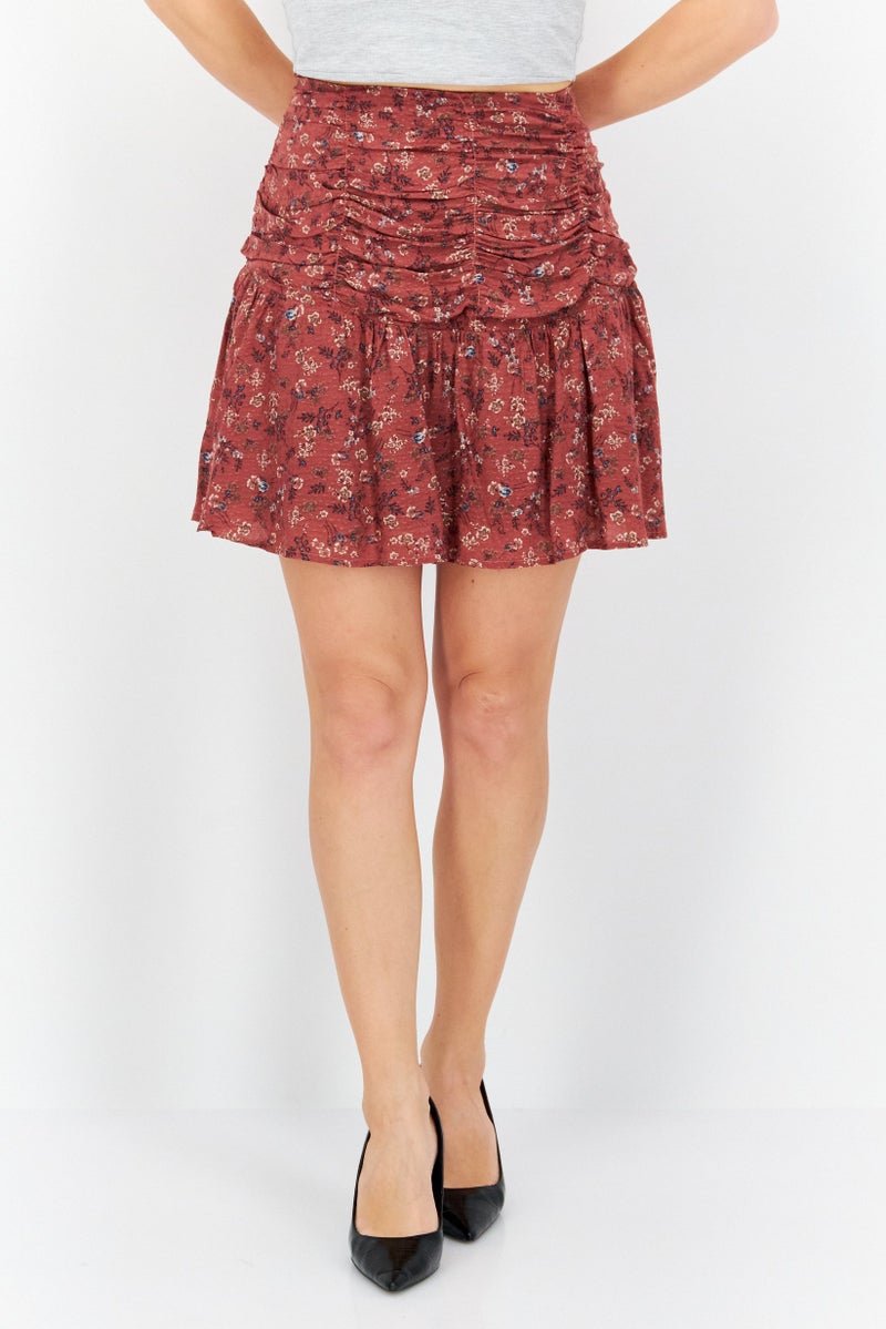 Women Floral Print Mini Skirt, Dusty Maroon