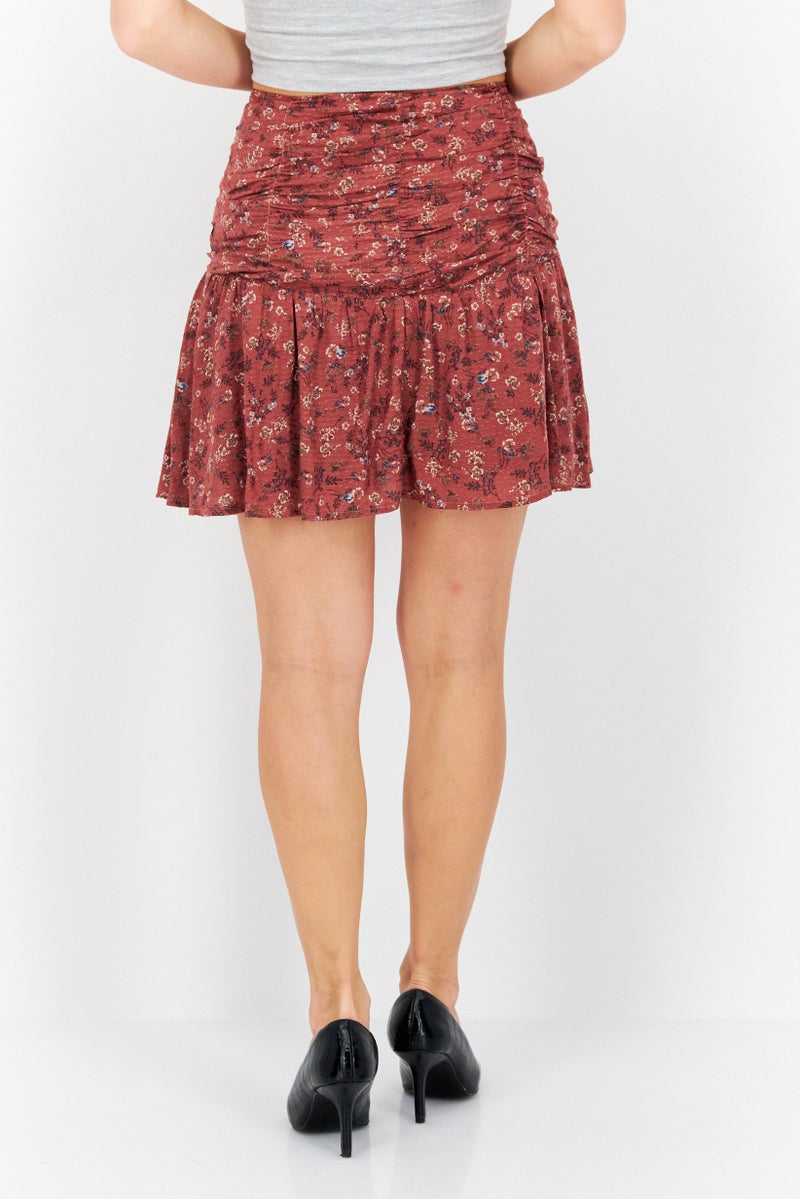 Women Floral Print Mini Skirt, Dusty Maroon