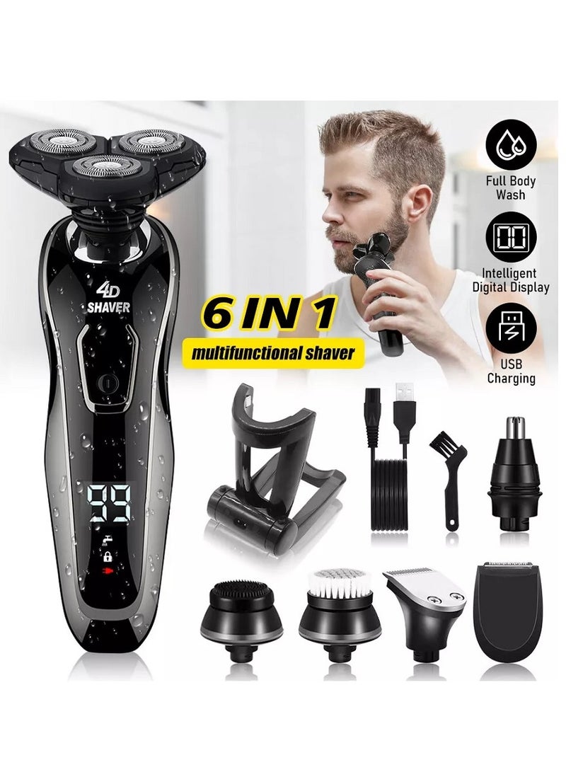 6 IN 1 Rotary Electric Shaver Rechargeable Men Beard Trimmer Razor Grooming Kit