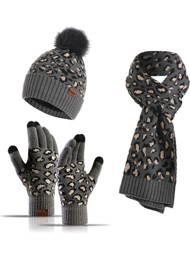 Leopard Print Three-Piece Suit of Warm Hat, Scarf and Pair Gloves