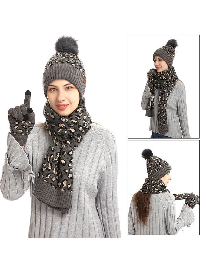 Leopard Print Three-Piece Suit of Warm Hat, Scarf and Pair Gloves