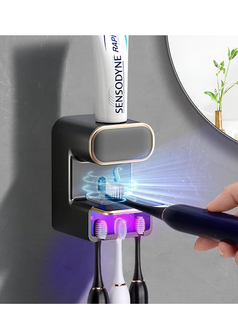 Smart Sensor Toothpaste Dispenser and Toothbrush Holder Wall-Mounted Automatic Toothpaste Squeezer with UV Sterilization - Black