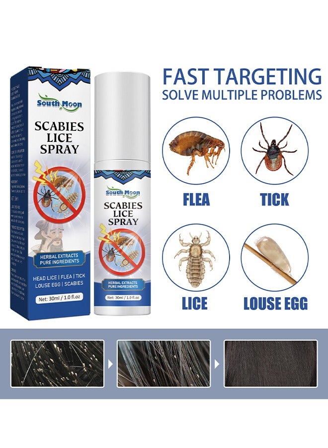 Scabies Lice Spray - Spray Family Size Lice Treatment for Kids & Adults, Easy Use Lice Spray Kills Head Lice, Eggs, Super Lice on Contact, Includes Metal Lice Comb, Multiple Treatments, 30ml