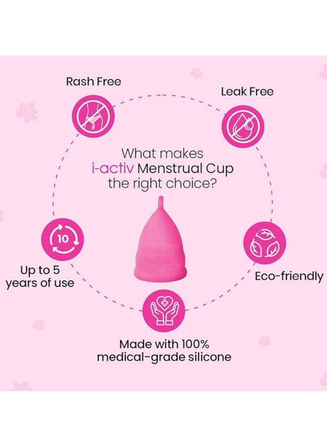 i-activ Menstrual Cup for Women with free sterilizer case | Rash-Free, Leak-Free & Ultra soft Cup with Pouch| 100% Medical Grade Silicone | 8-10 hrs protection (Medium) Pack of 1