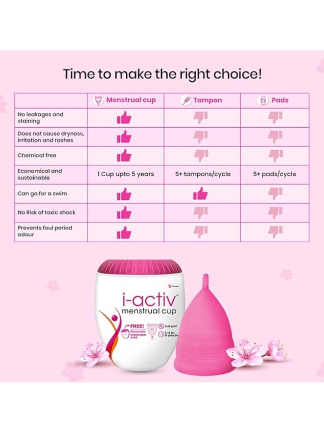 i-activ Menstrual Cup for Women with free sterilizer case | Rash-Free, Leak-Free & Ultra soft Cup with Pouch| 100% Medical Grade Silicone | 8-10 hrs protection (Medium) Pack of 1