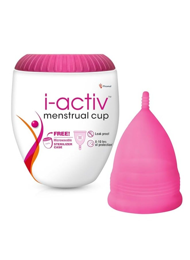 i-activ Menstrual Cup for Women with free sterilizer case | Rash-Free, Leak-Free & Ultra soft Cup with Pouch| 100% Medical Grade Silicone | 8-10 hrs protection (Medium) Pack of 1