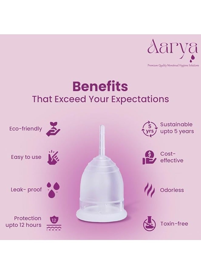 AARYA Reusable Menstrual Cup | Ultra Soft & Odourless | Medical Grade Silicone | Leak Free for 8-10 Hours | FDA Approved | Includes Protective Pouch | Pack of 1 (Large), Transparent