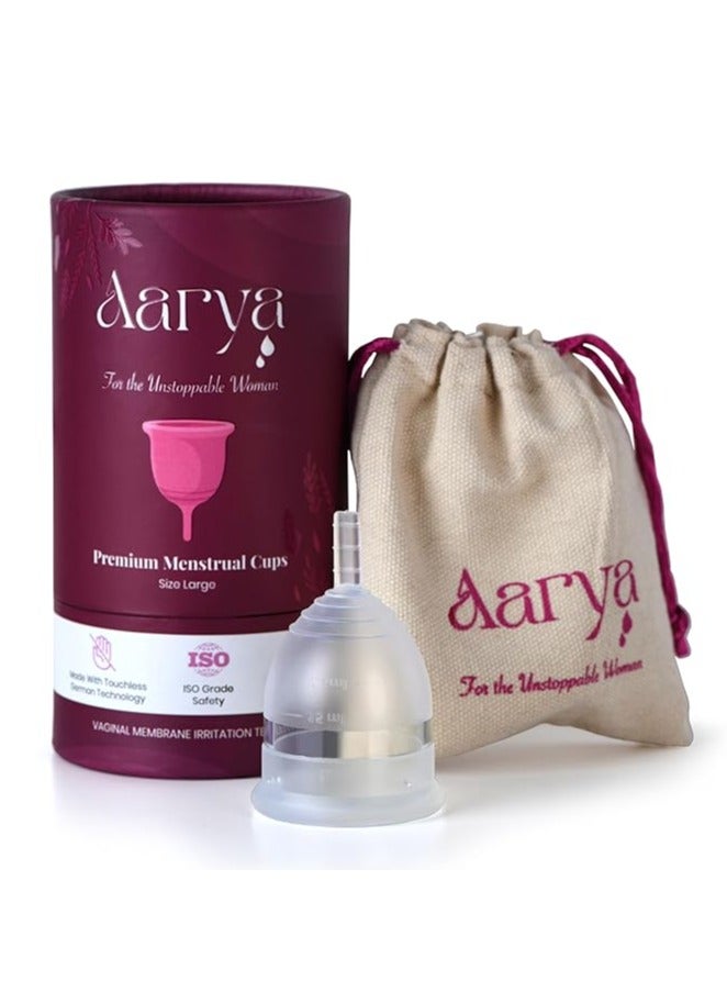 AARYA Reusable Menstrual Cup | Ultra Soft & Odourless | Medical Grade Silicone | Leak Free for 8-10 Hours | FDA Approved | Includes Protective Pouch | Pack of 1 (Large), Transparent