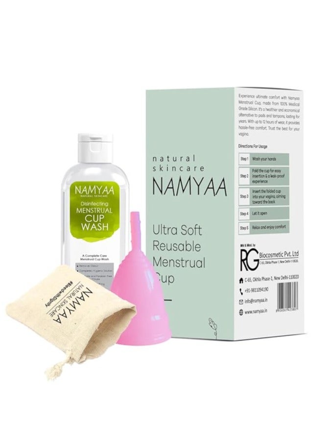 Namyaa Ultra Soft Reusable Menstrual Cup with Pouch & Cup Wash, Large Size (20-28ml), Pink