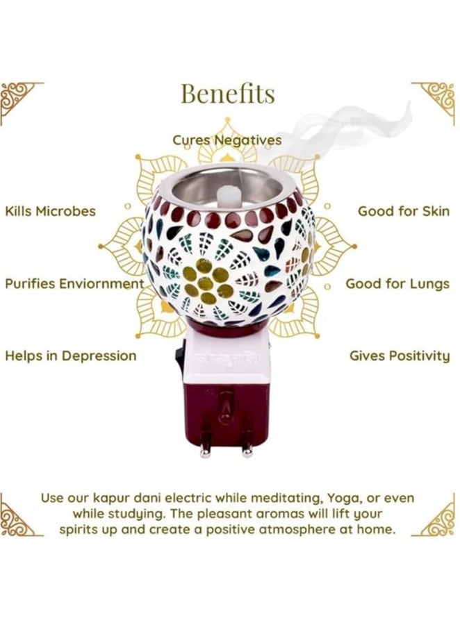 Kapur Dani Electrical Camphor Diffuser. Glass Kapoor Dhani & Essential Oil Diffuser with On Off Switch to Toggle Between Burner & Lamp