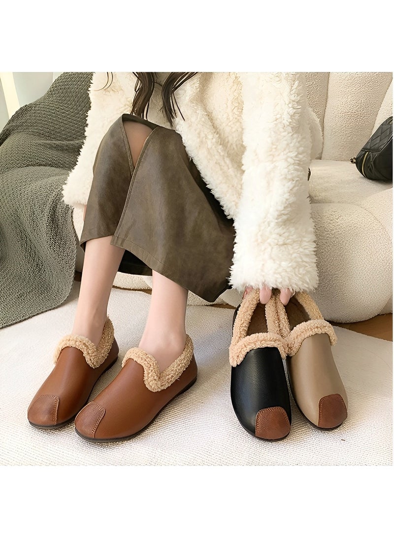 Women's Cotton Velvet Shoes Round Toe Moccasins Wild Flats Cozy Slip on House Shoes Winter Mini Boots With Comfy Rubber Sole