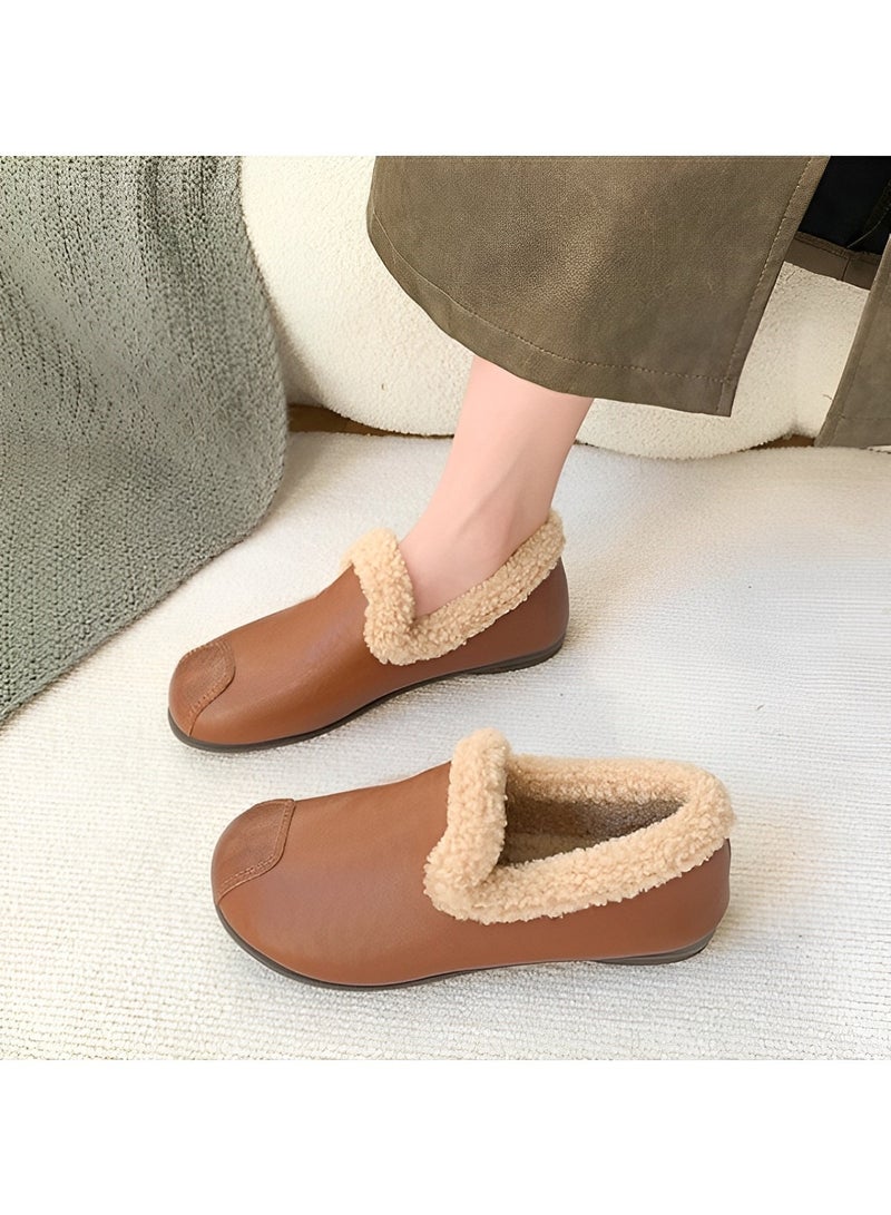 Women's Cotton Velvet Shoes Round Toe Moccasins Wild Flats Cozy Slip on House Shoes Winter Mini Boots With Comfy Rubber Sole