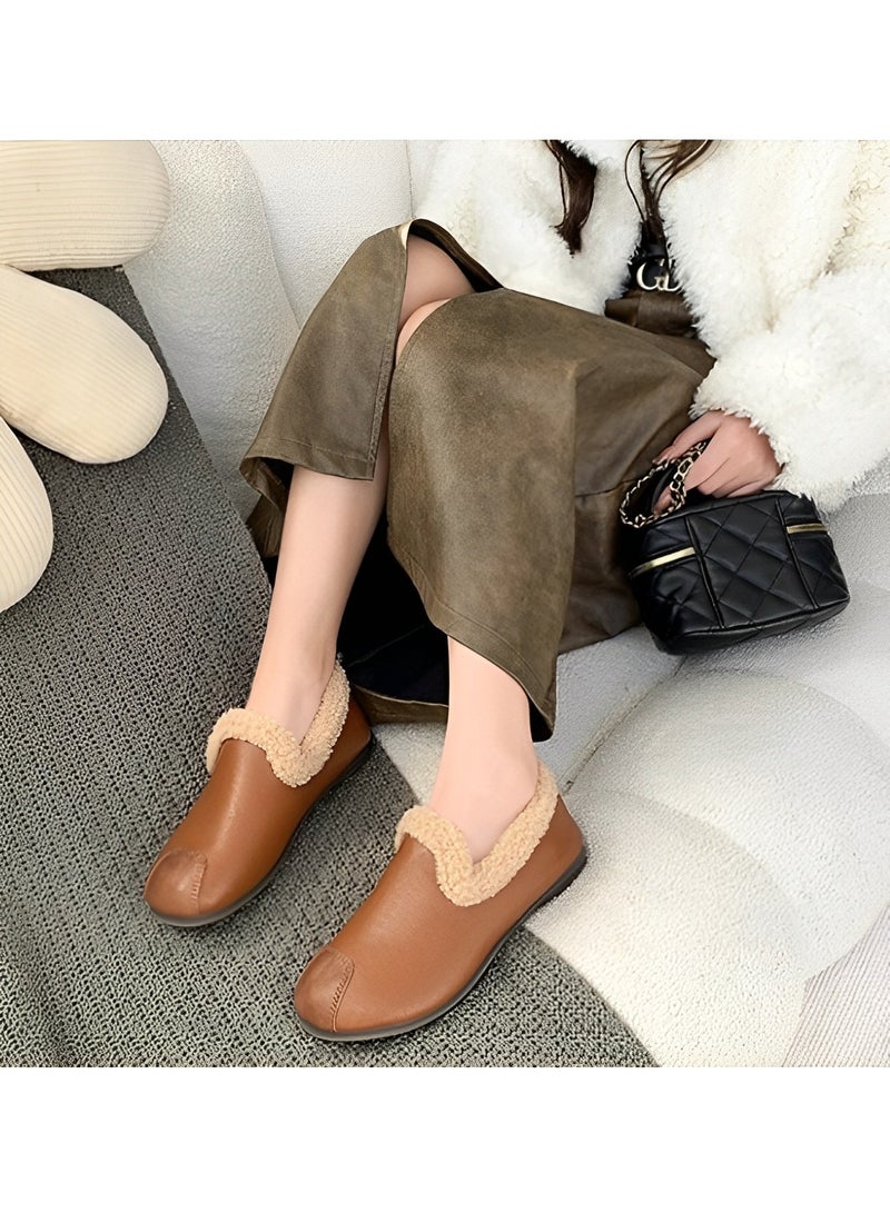 Women's Cotton Velvet Shoes Round Toe Moccasins Wild Flats Cozy Slip on House Shoes Winter Mini Boots With Comfy Rubber Sole