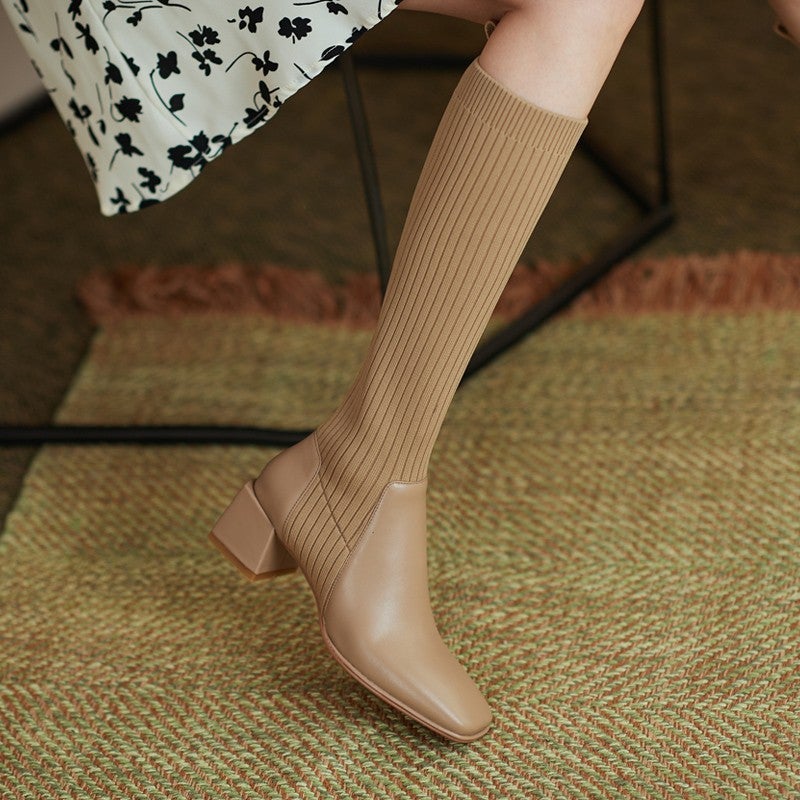 Plus Size Knit Sock Over-the-Knee Slim Fit Elastic Mid-Calf High-Heel BootsApricot Apricot