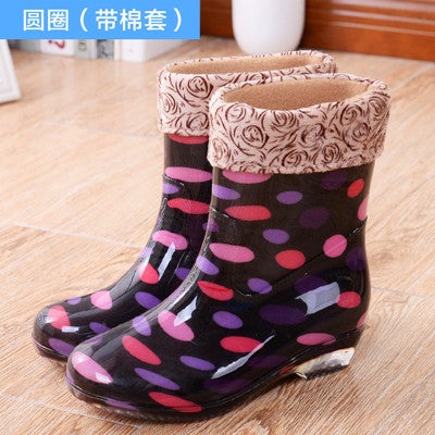 Korean Style Fleece-lined Mid-barrel Fashion Rain Boots Womens Outerwear New Fashionable Crystal Work Womens Rain Boots203 dot red (with cotton) 203 dot red (with cotton)