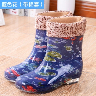 Korean Style Fleece-lined Mid-barrel Fashion Rain Boots Womens Outerwear New Fashionable Crystal Work Womens Rain Boots203 pattern Blue (plus Cotton) 203 pattern Blue (plus Cotton)