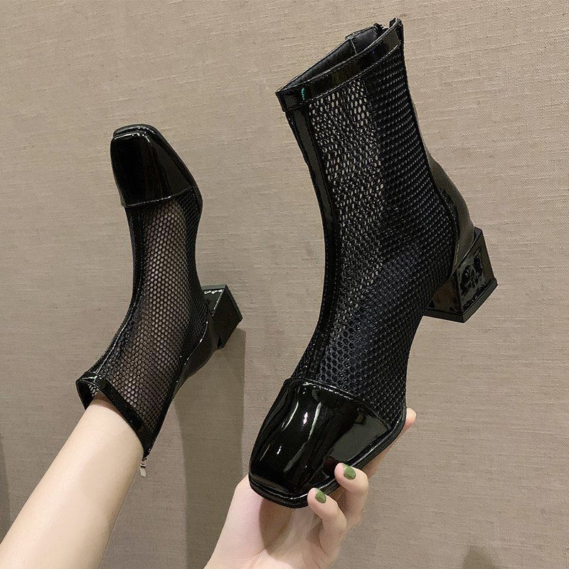 2024 Square-Toe Mesh Martin Boots for WomenBlack Black