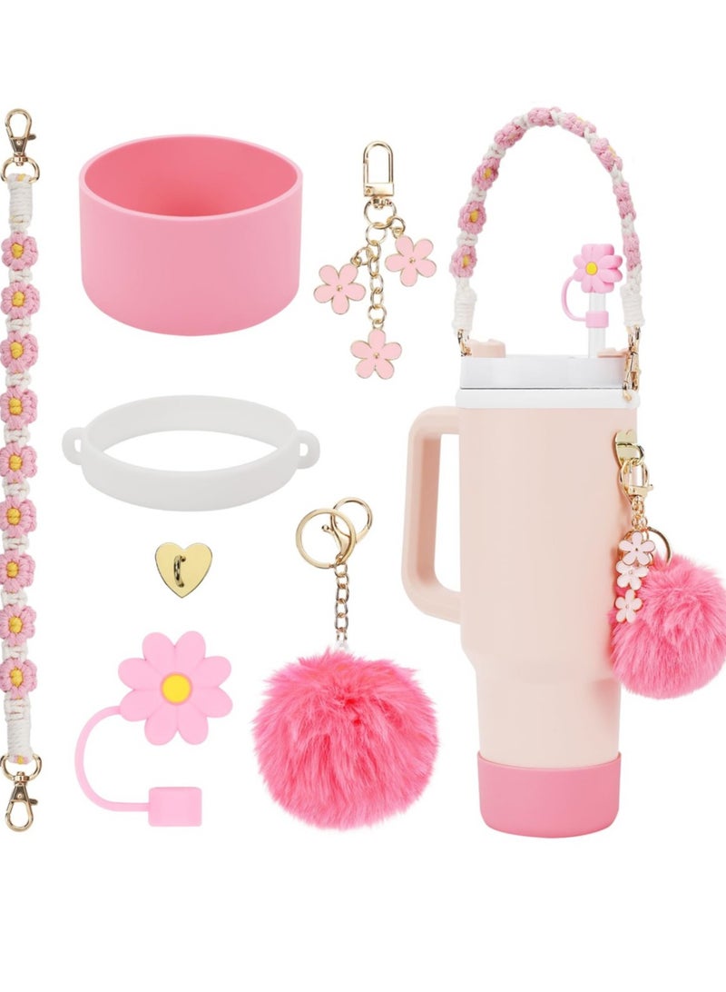 Stanley Cup Accessories Set, Including Water Bottle Handle Strap, Siliocne Stanley Cup Boot, Siliocne Straw Cover, Stanley Charms for Stanley Cup 40oz & 30oz Tumbler,Pink