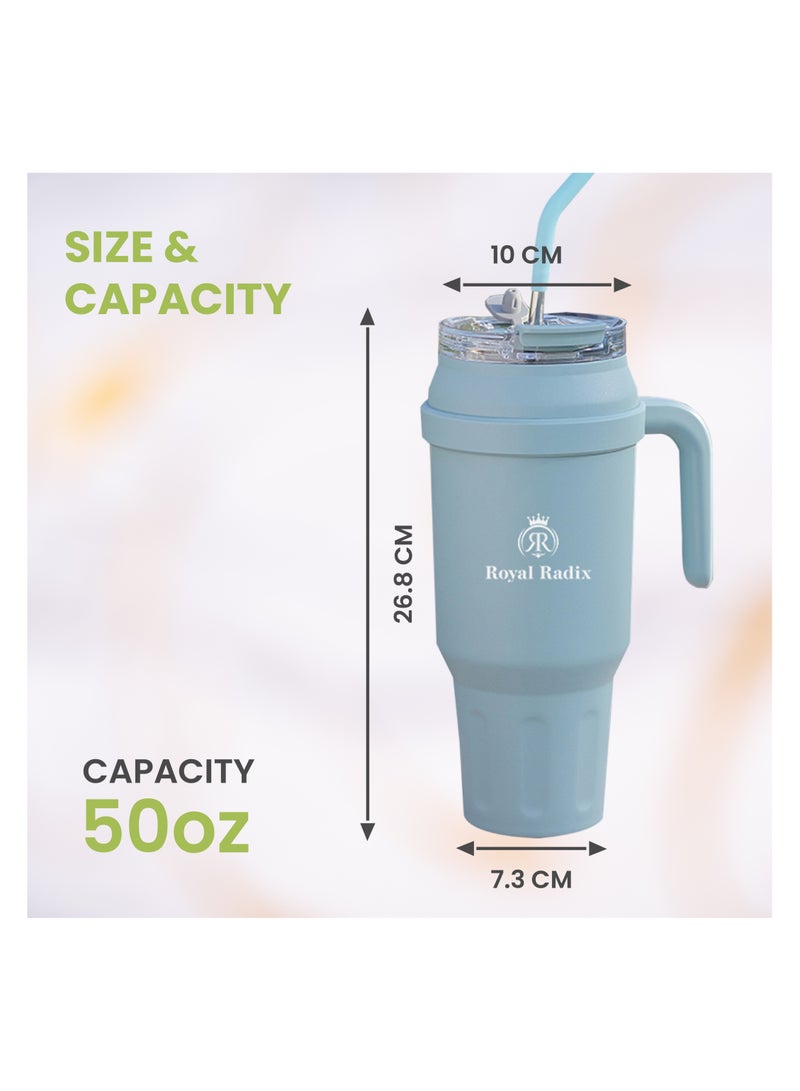 Royal Radix 50 oz Tumbler with Handle, 2 in1 Straw and Lid, Stainless Steel,Traveling Mug, maintain Cold for 24 Hours Hot 12H, Leakproof and Dishwasher Safe