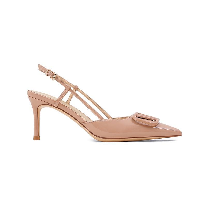 Pointed Stiletto Slingback Sandals V-Buckle Patent NudeNude color with height 6.5cm Nude color with height 6.5cm