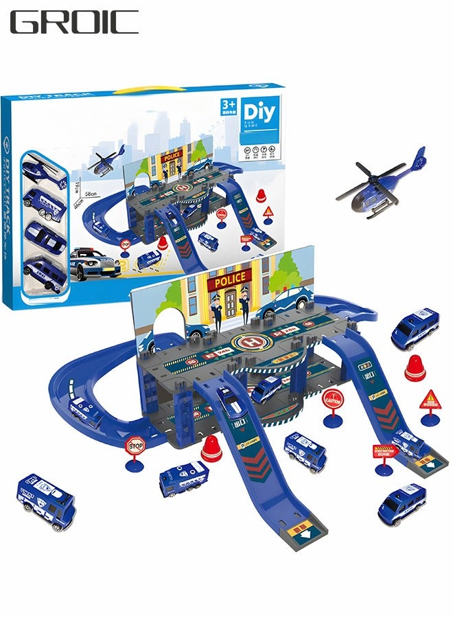 Track Car Toy Set, Toy Car Garage Diecast Vehicle Playset with 4 Cars Garage Track Set Race Car Ramp Track Toy Car Park Toys