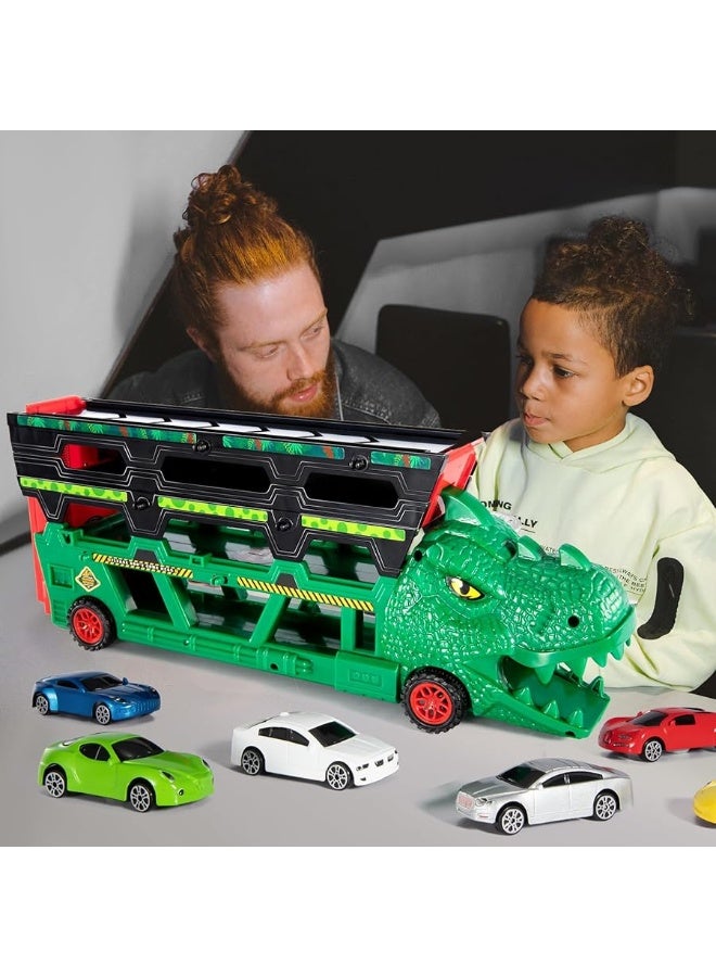 TEMI 2-in-1 T-rex Storage Carrier Truck with 6PCS Diecast 1:64 Scale Race Car, 4 Levels Dinosaur Truck Hauler Convert into 38-inch Ejection Race Track, Dino Semi-Truck City Sets & Track for Kids Boys