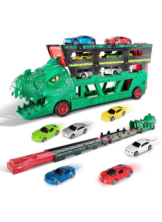 TEMI 2-in-1 T-rex Storage Carrier Truck with 6PCS Diecast 1:64 Scale Race Car, 4 Levels Dinosaur Truck Hauler Convert into 38-inch Ejection Race Track, Dino Semi-Truck City Sets & Track for Kids Boys